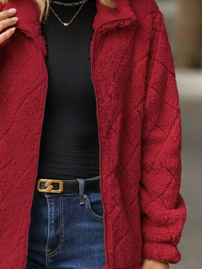 Women's fuzzy zip-up jacket with red pockets Stevvex sherpa outerwear on Tampa Home & Garden Store