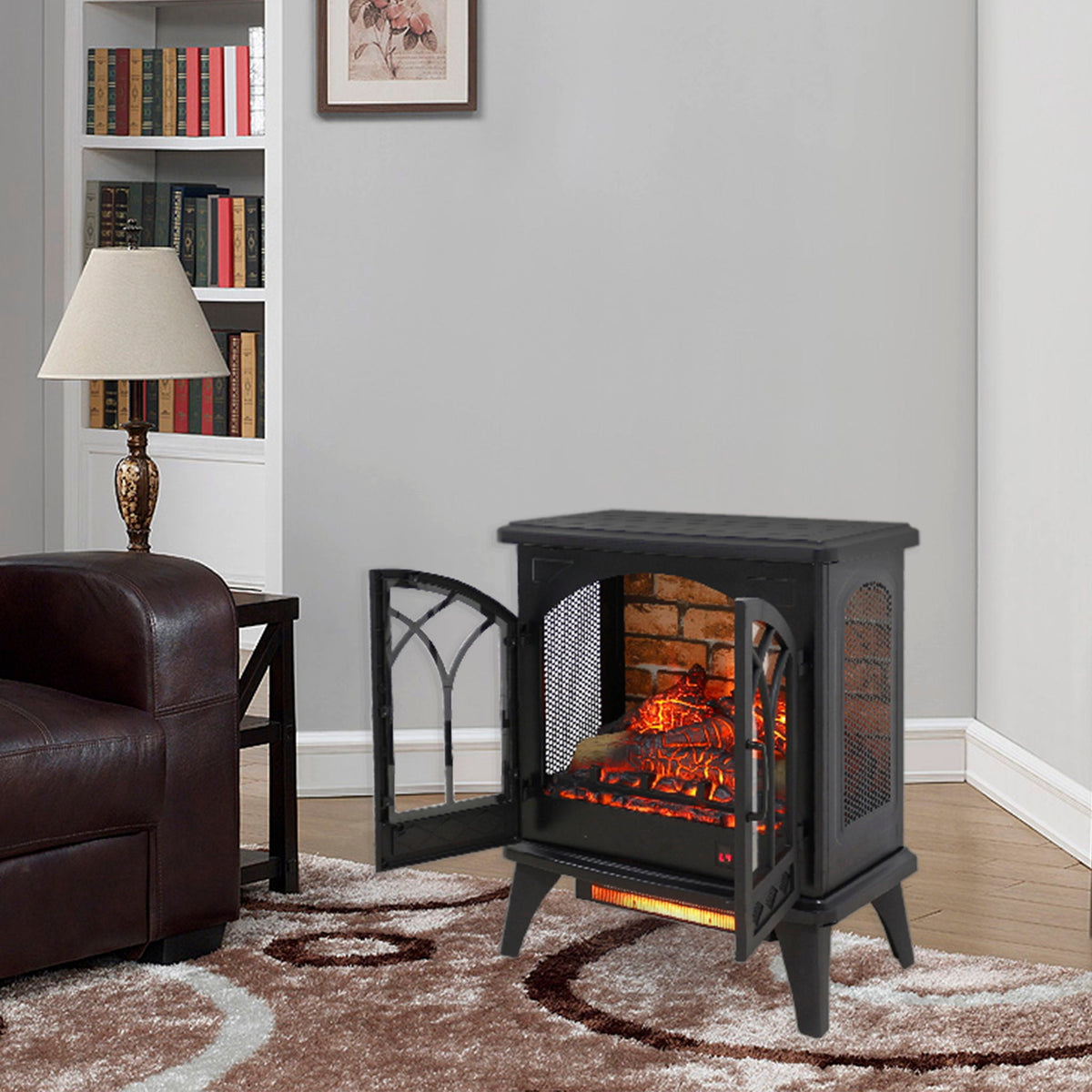 3D flame electric infrared quartz fireplace stove antique black with remote in living room on Tampa Home & Garden Store