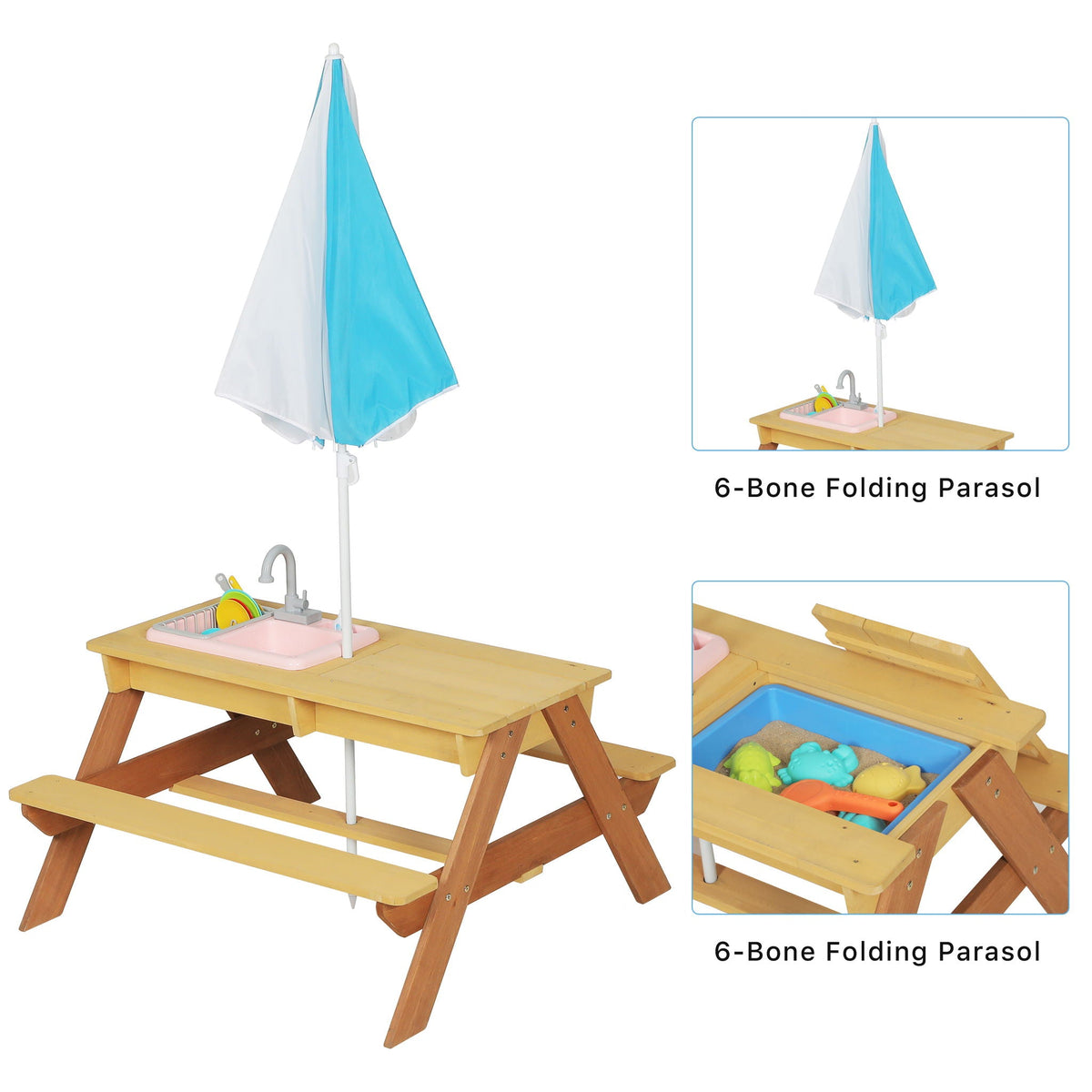 Kids cedar picnic table with sand and water tray and blue umbrella HouseOfZazla on Tampa Home & Garden Store
