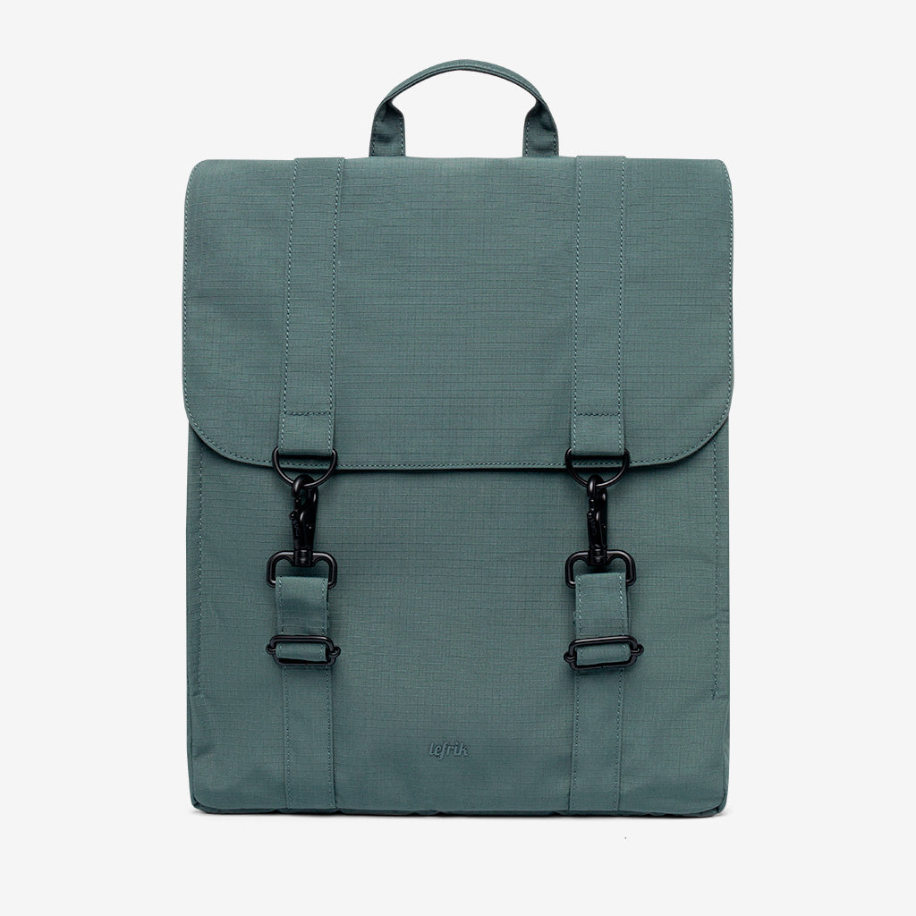Handy XL Backpack with Laptop Sleeve by Lefrik USA, teal with buckle straps and top handle on Tampa Home & Garden Store