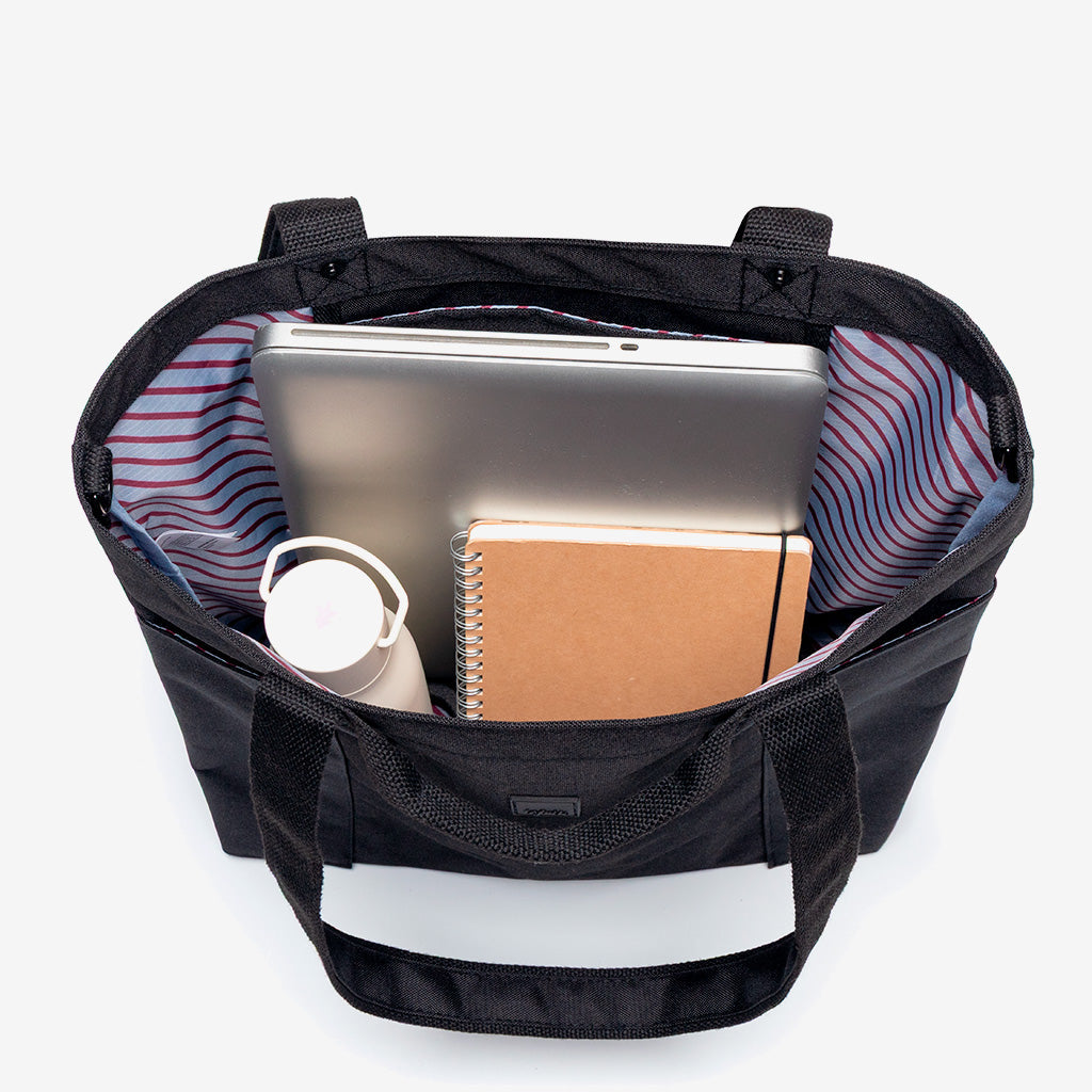 Raw Tote Bag Lefrik USA, black cotton handles lightweight tote with laptop and notebook inside on Tampa Home & Garden Store