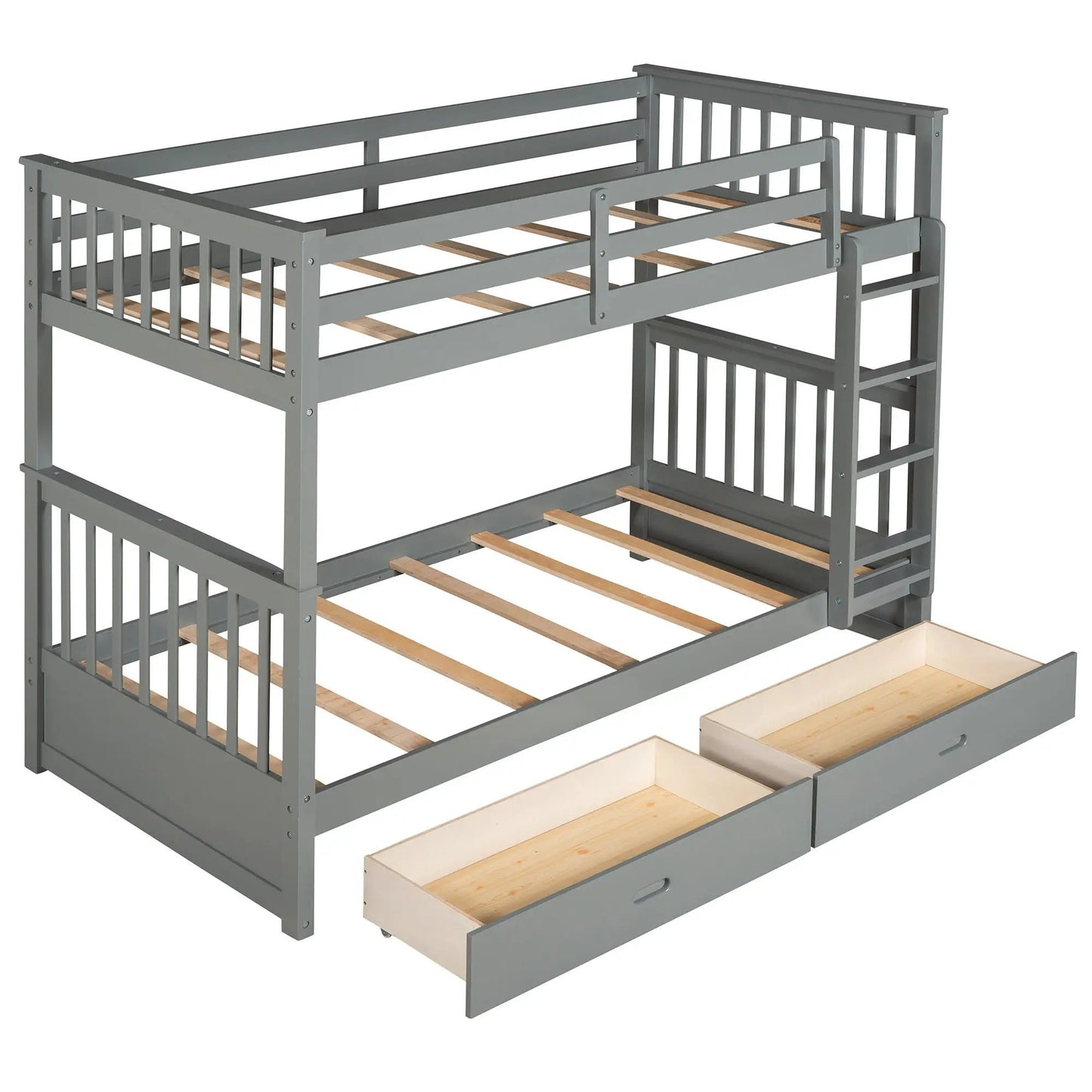 Bunk Bed With Ladders And 2 Storage Drawers, grey metal frame, wood slats on Tampa Home & Garden Store