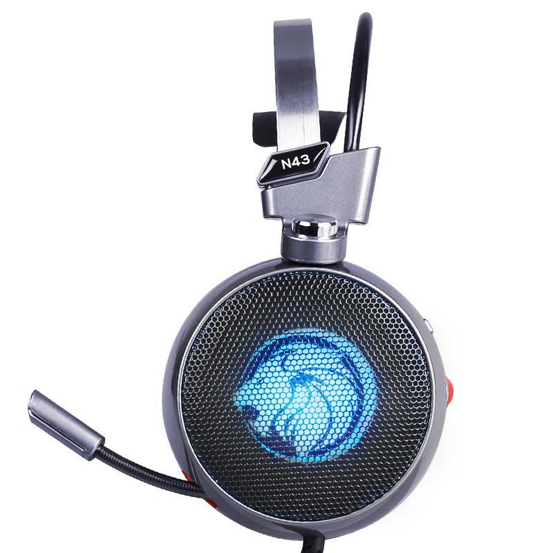 Stevvex gaming headset with round metal-mesh earcup, blue LED glow, attached boom mic on Tampa Home & Garden Store