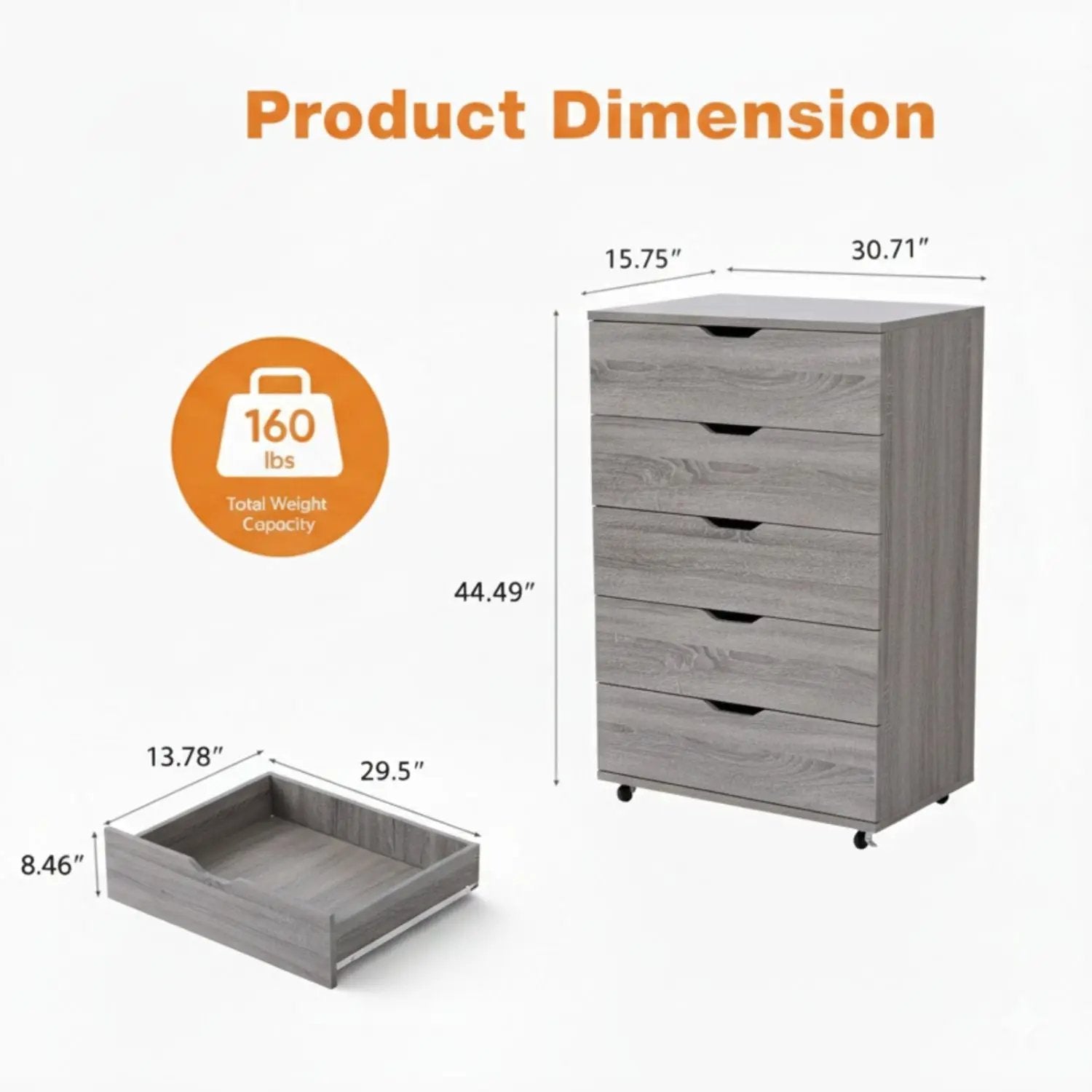 Modern 5 Drawer Dresser With Wheels in gray wood, Unique Piece Furniture Accent Chest on Tampa Home & Garden Store
