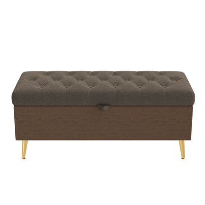 Modern Tufted Storage Ottoman Bench in brown fabric with wood base and gold legs HouseOfZazla