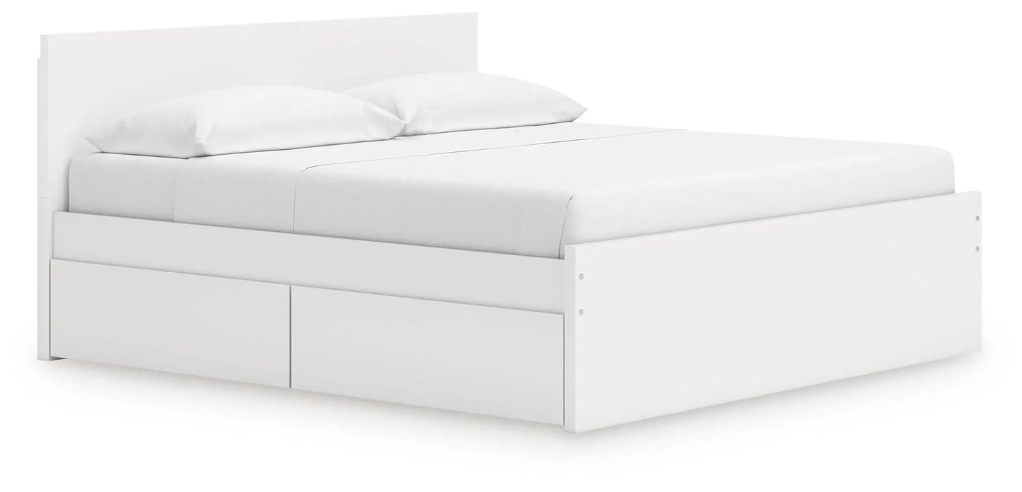 Onita panel platform bed with white finish and two under-bed storage drawers on Tampa Home & Garden Store