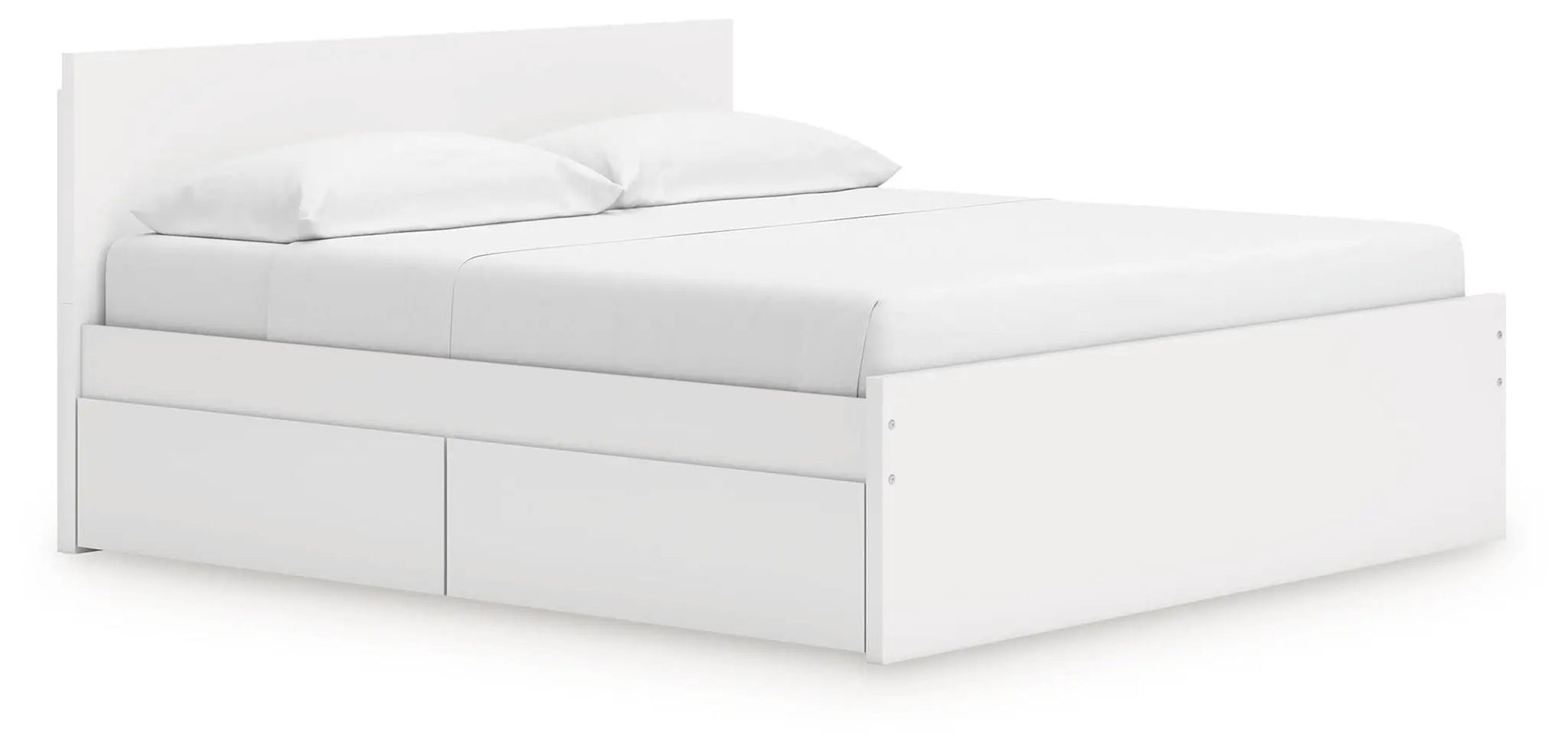 Onita panel platform bed with white finish and two under-bed storage drawers on Tampa Home & Garden Store