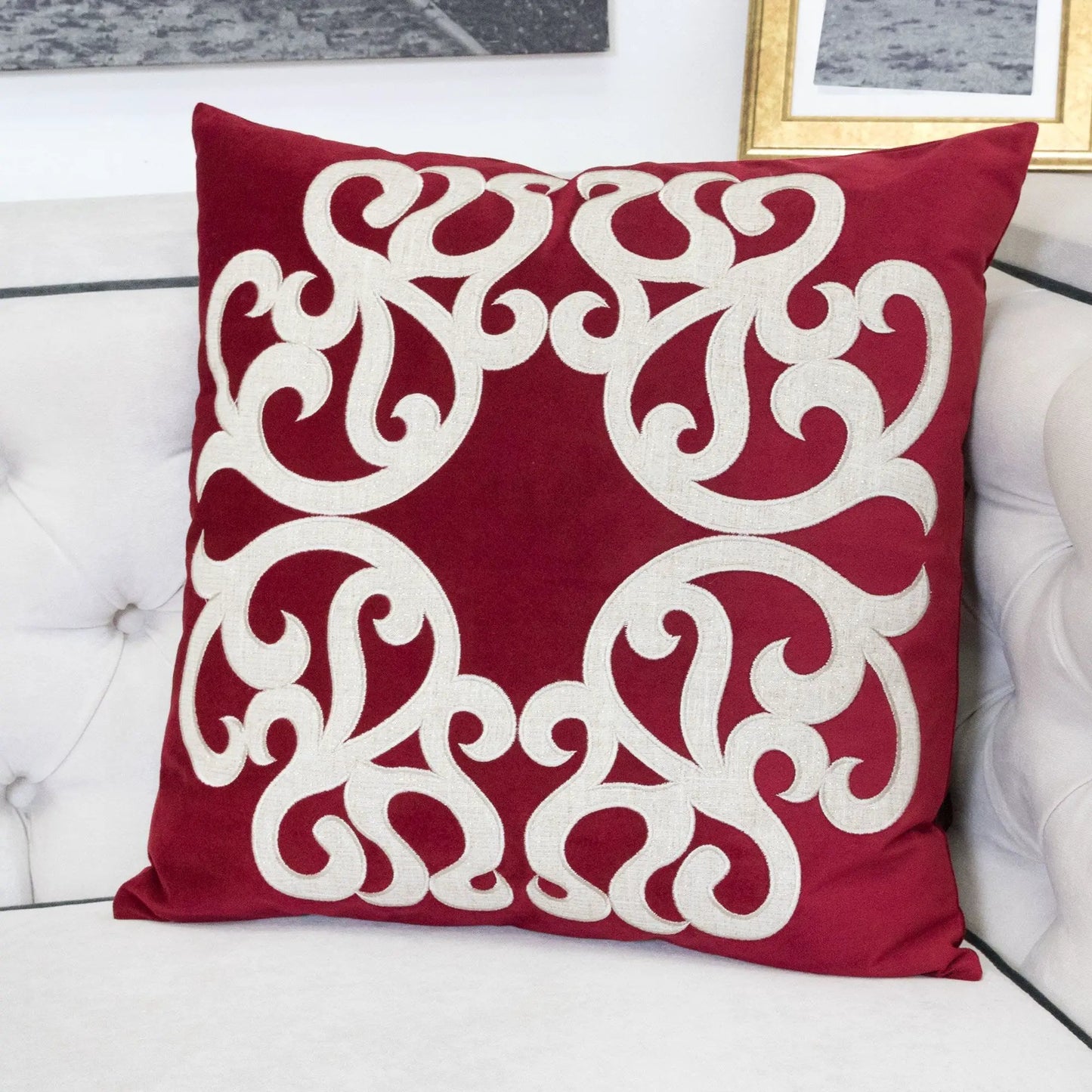 Dora Pillow Cover with Matching Back, red fabric with white ornate scroll pattern on Tampa Home & Garden Store
