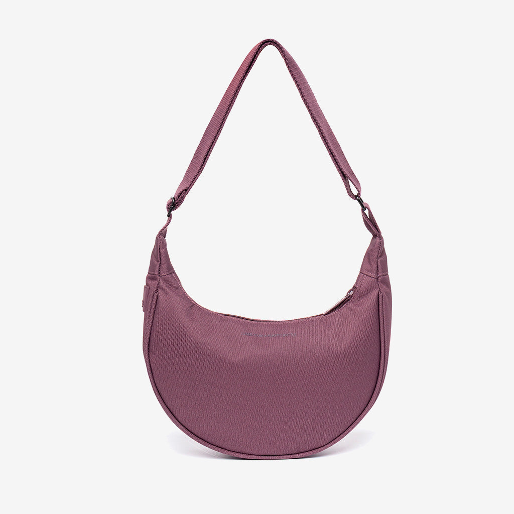 Lua Bag Maroon Compact Half Moon Shoulder Bag by Lefrik USA, curved half-moon silhouette on Tampa Home & Garden Store