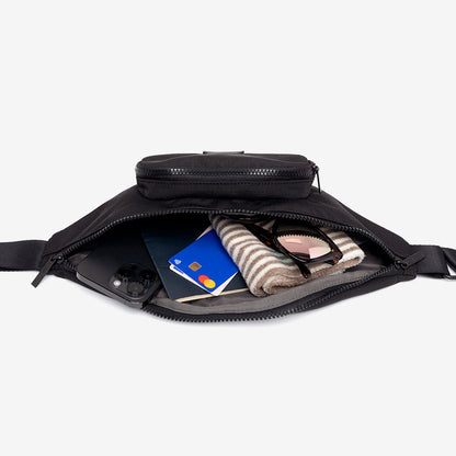 Atlas Crossbody Black Bag by Lefrik USA, 3 items: phone, cards, sunglasses, on Tampa Home & Garden Store