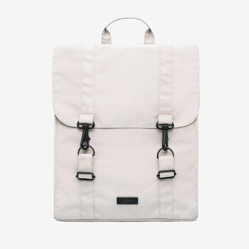 Handy XL Backpack Fossil by Lefrik USA in beige fabric with black buckle straps and top handle on Tampa Home & Garden Store