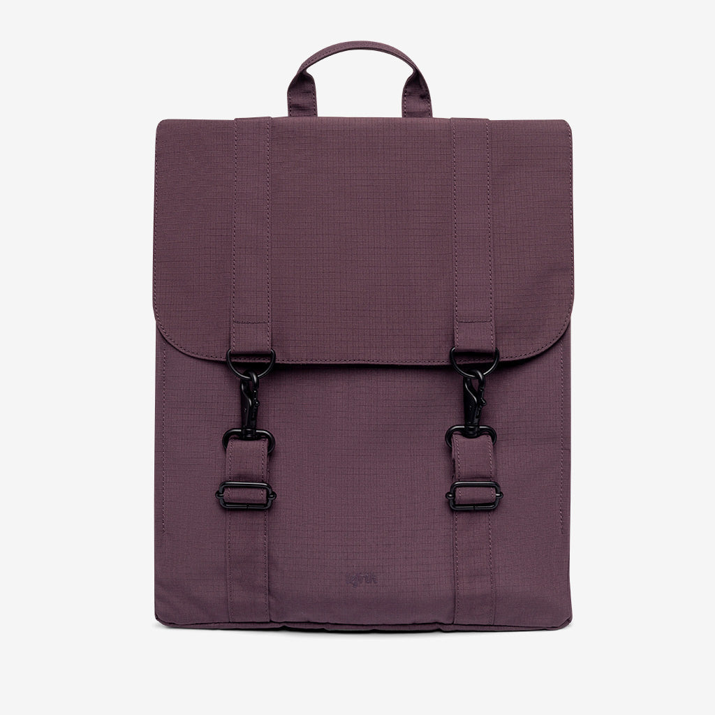 Handy XL Backpack With Laptop Sleeve by Lefrik USA, plum fabric, front buckle straps on Tampa Home & Garden Store