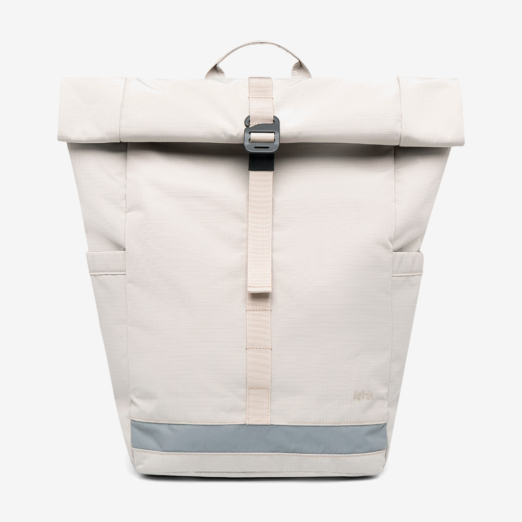 Lars Roll Backpack Fossil by Lefrik USA beige laptop-pocket roll-top pink strap gray bottom on Tampa Home & Garden Store