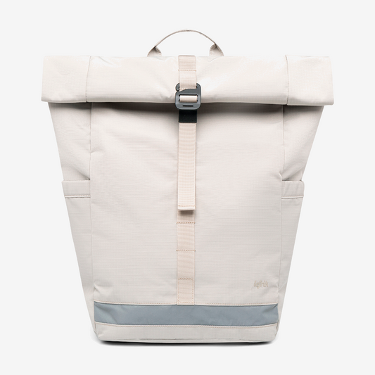 Lars Roll Backpack Fossil by Lefrik USA beige laptop-pocket roll-top pink strap gray bottom on Tampa Home & Garden Store