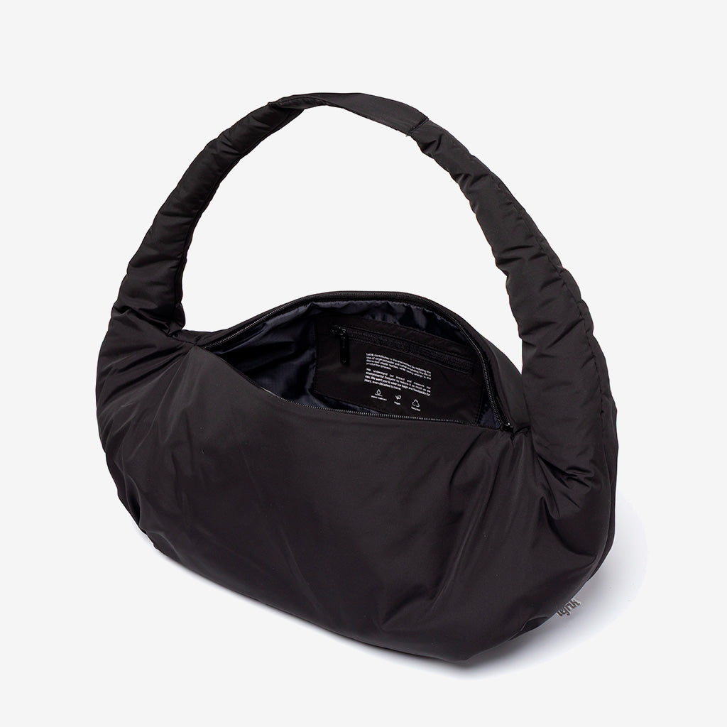 Myra Bag black recycled shoulder bag by Lefrik USA with padded handle and zippered interior pocket on Tampa Home & Garden Store