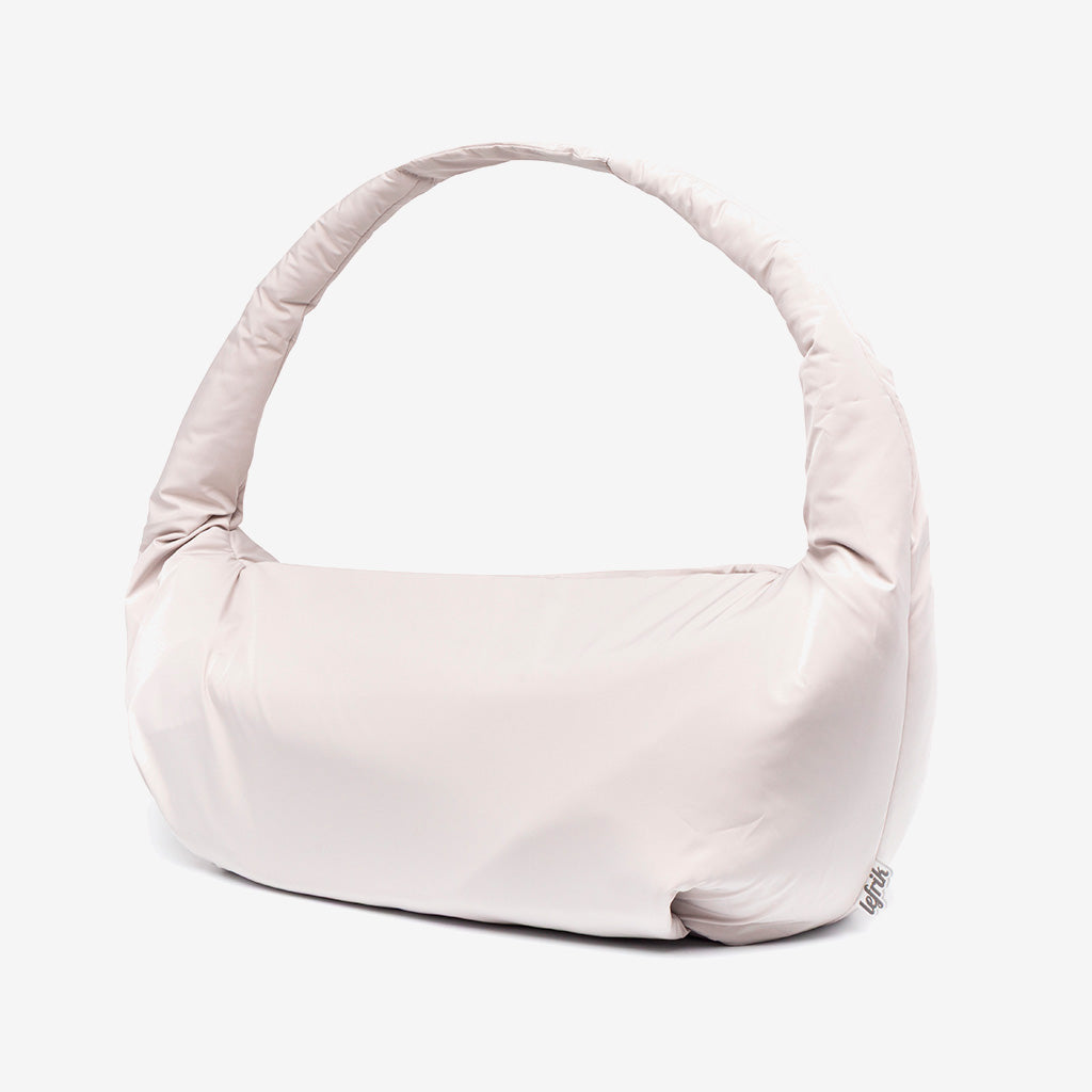 Myra Bag Fossil Circular Handle Shoulder Bag pale pink padded fabric with Lefrik USA tag on Tampa Home & Garden Store