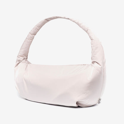 Myra Bag Fossil Circular Handle Shoulder Bag pale pink padded fabric with Lefrik USA tag on Tampa Home & Garden Store