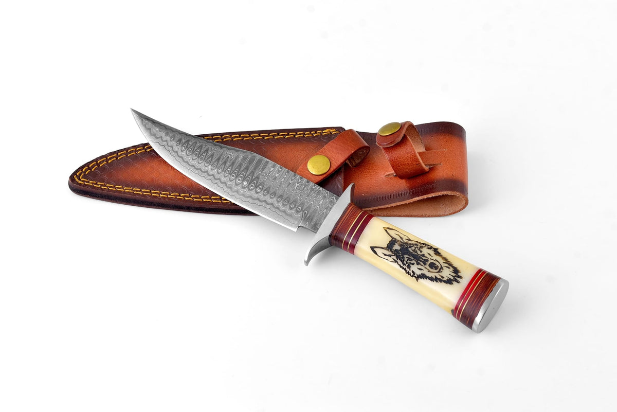 Titan Wilderness Howl Damascus Steel Knife with bone handle and brown leather sheath on Tampa Home & Garden Store