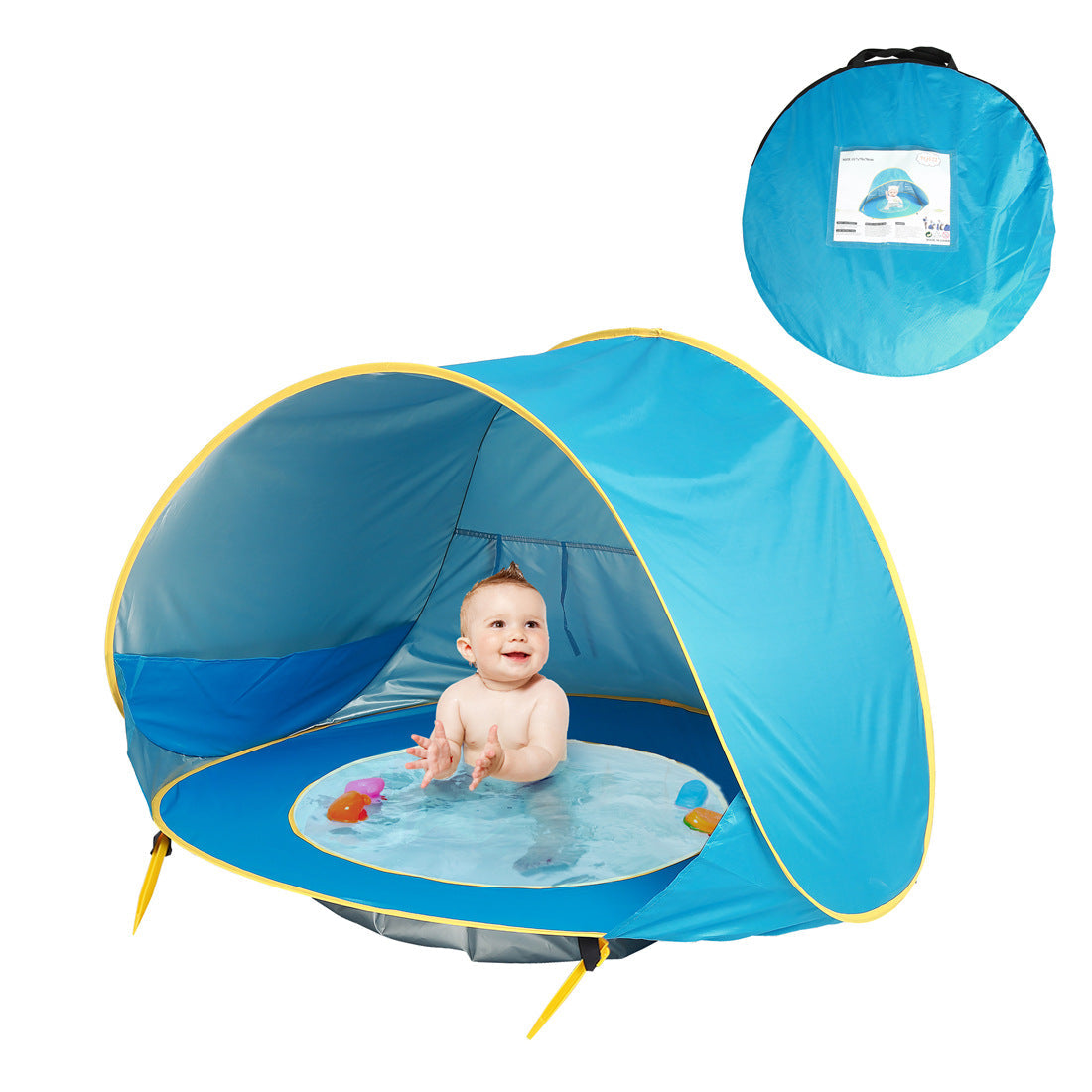 Baby Beach Tent blue with yellow trim, foldable waterproof UV shelter for infants My Store on Tampa Home & Garden Store