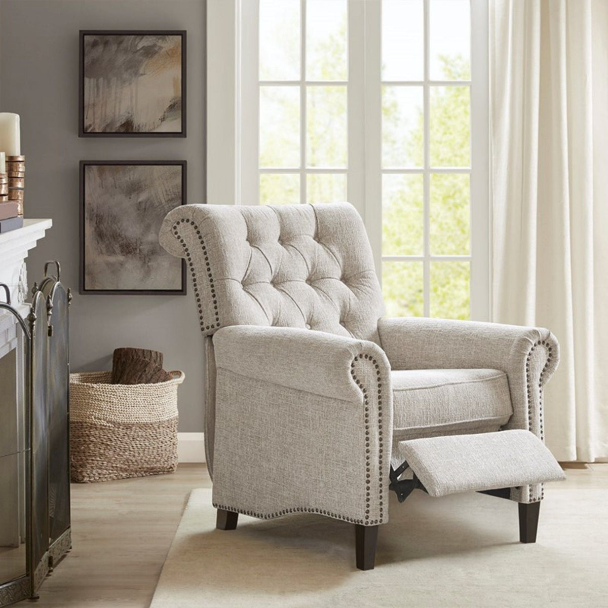 Aidan cream push-back recliner chair with tufted back and nailhead trim on Tampa Home & Garden Store