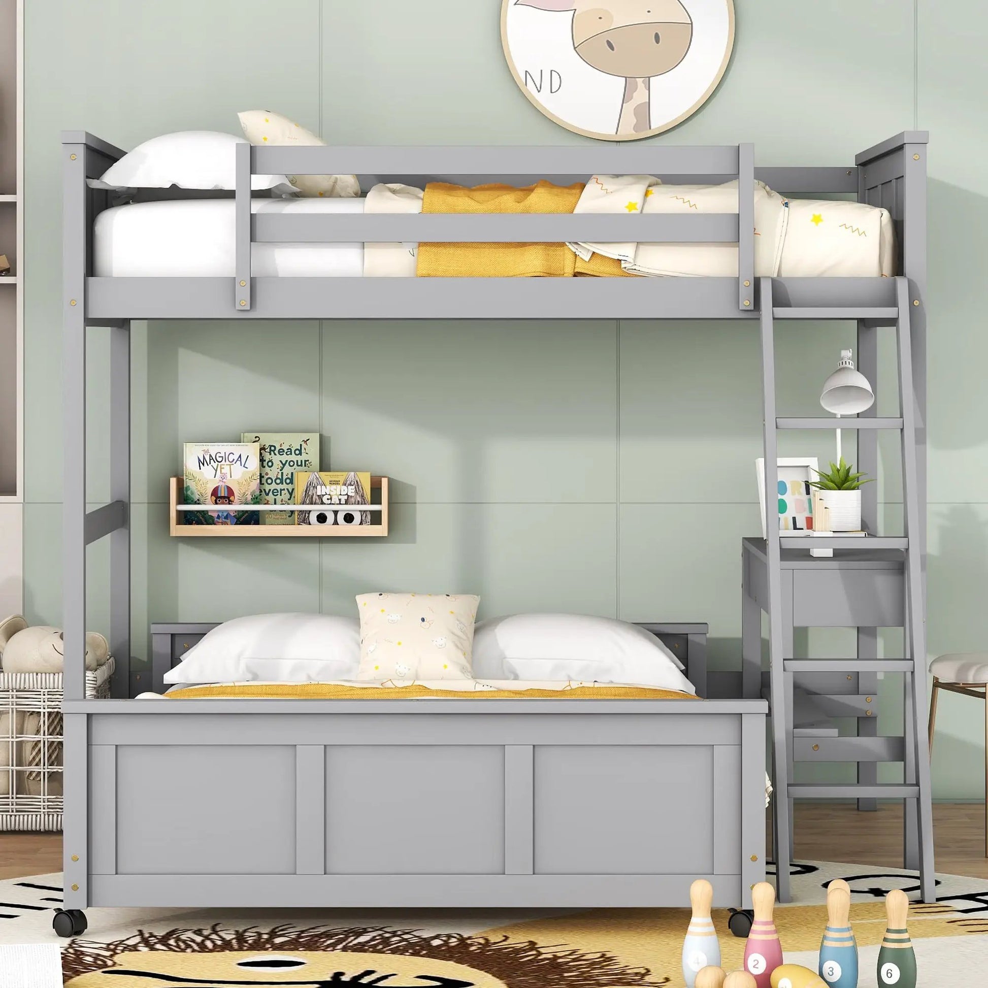 Full over full bunk bed with desk in grey, built-in study area and ladder by Unique Piece on Tampa Home & Garden Store