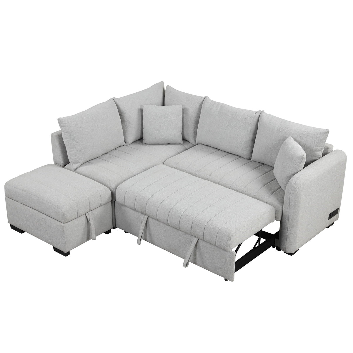 L-shaped sleeper sectional sofa in light gray fabric with two movable storage ottomans on Tampa Home & Garden Store