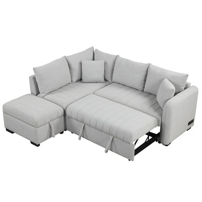 L-shaped sleeper sectional sofa in light gray fabric with two movable storage ottomans on Tampa Home & Garden Store