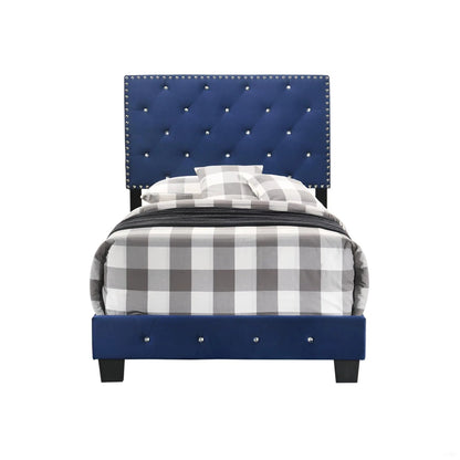 Luxurious upholstered bed with blue headboard and nailhead trim by Unique Piece Furniture on Tampa Home & Garden Store
