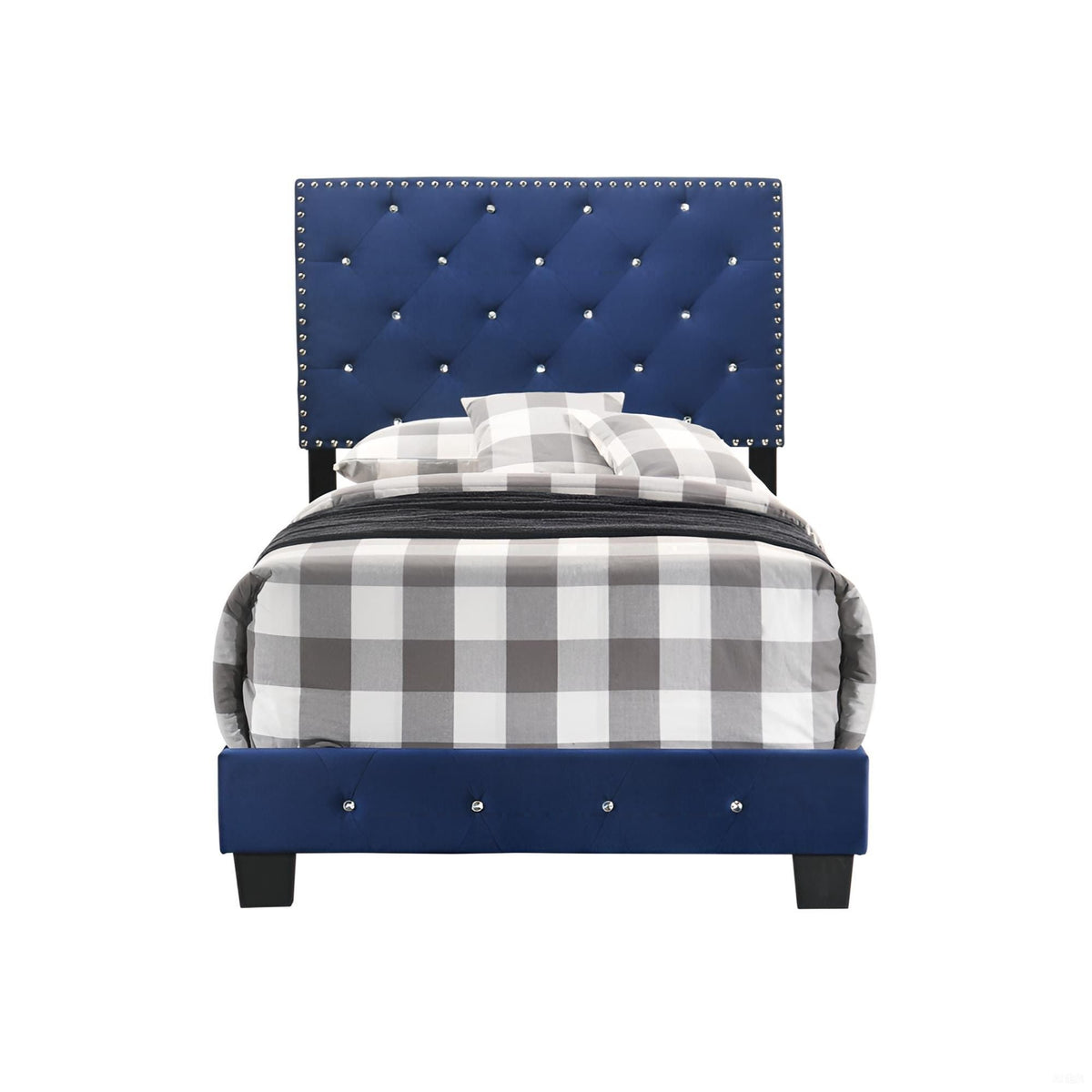Luxurious Upholstered Bed blue tufted headboard with nailhead studs and gray plaid bedding on Tampa Home & Garden Store