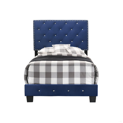 Luxurious Upholstered Bed blue tufted headboard with nailhead studs and gray plaid bedding on Tampa Home & Garden Store