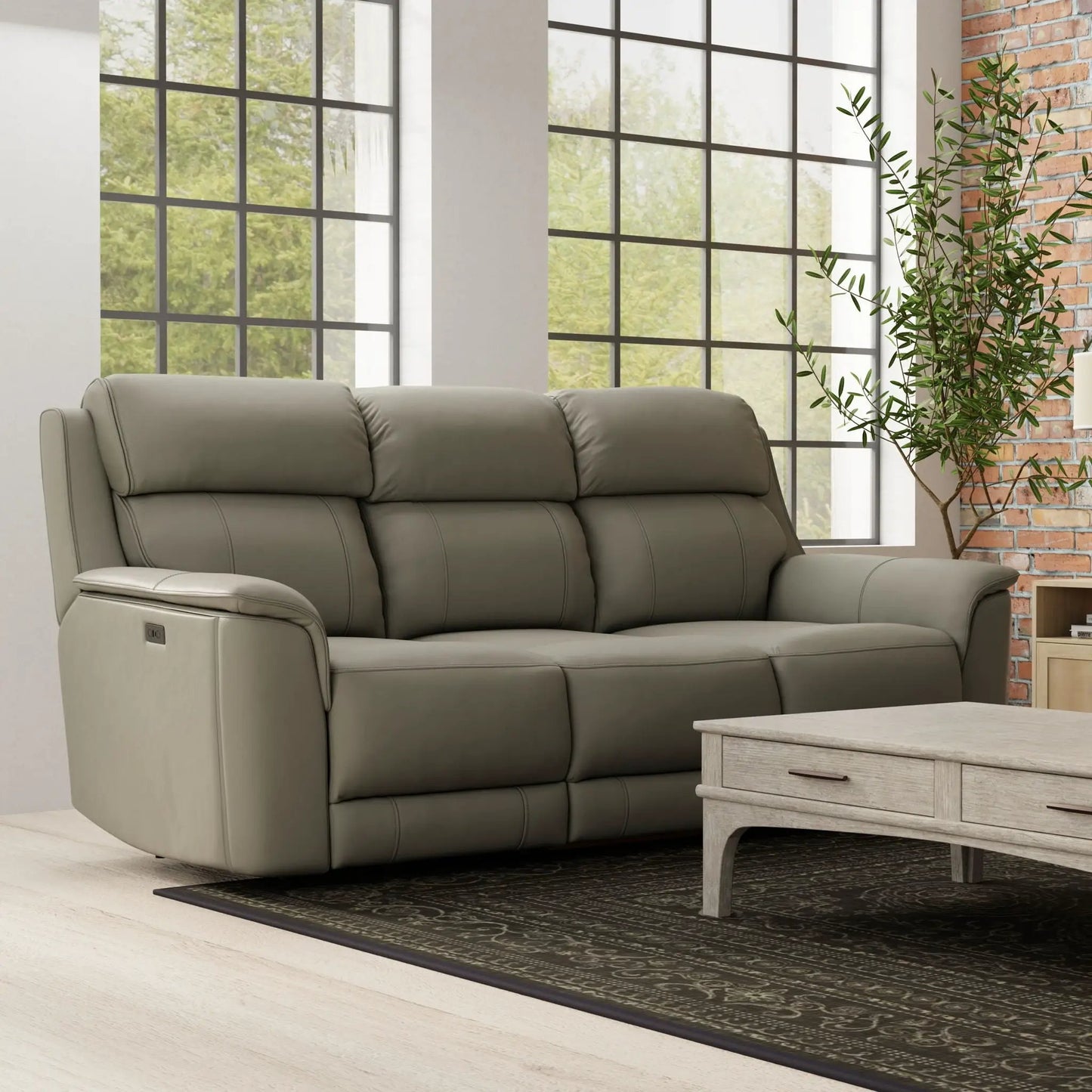 Oslo dual power reclining sofa in gray leather by Unique Piece Furniture with arm control on Tampa Home & Garden Store