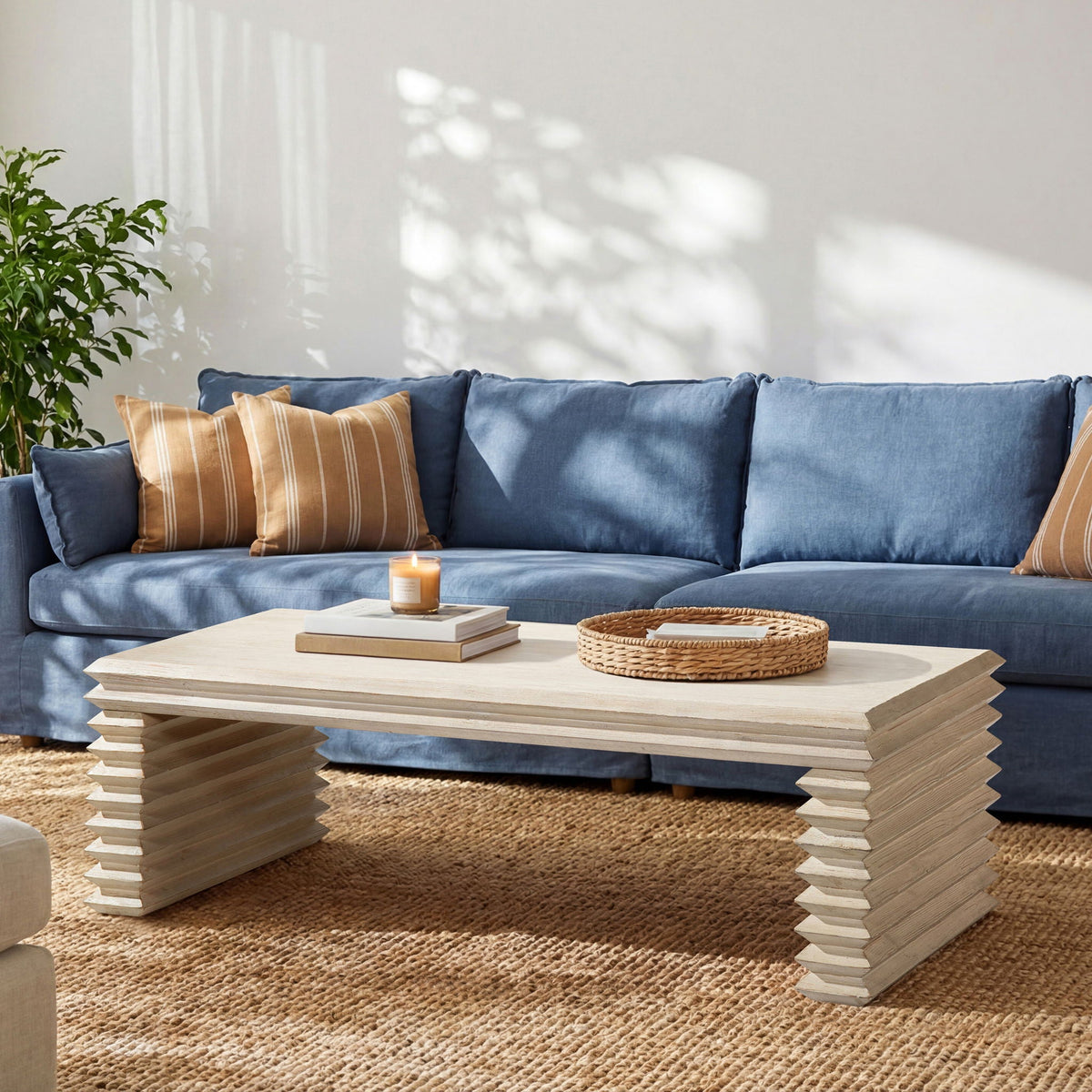 Geometric waterfall console table in light brown solid wood with stacked base HouseOfZazla on Tampa Home & Garden Store
