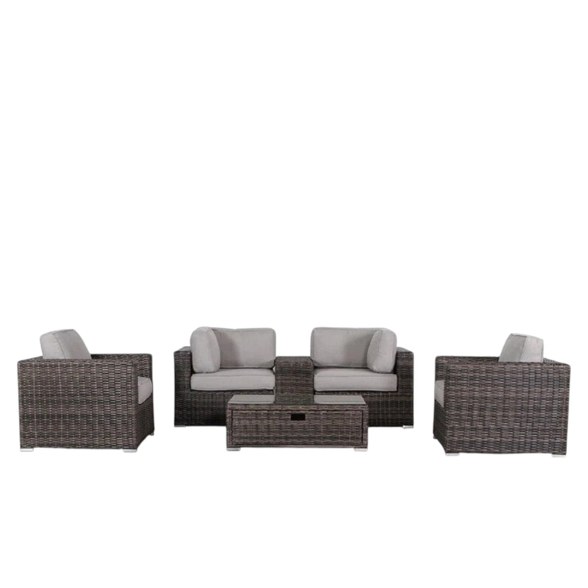 Wicker outdoor seating group 4-piece set with gray cushions and brown wicker coffee table on Tampa Home & Garden Store