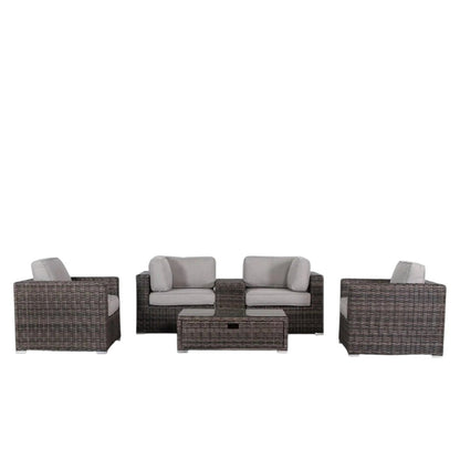 Wicker outdoor seating group 4-piece set with gray cushions and brown wicker coffee table on Tampa Home & Garden Store