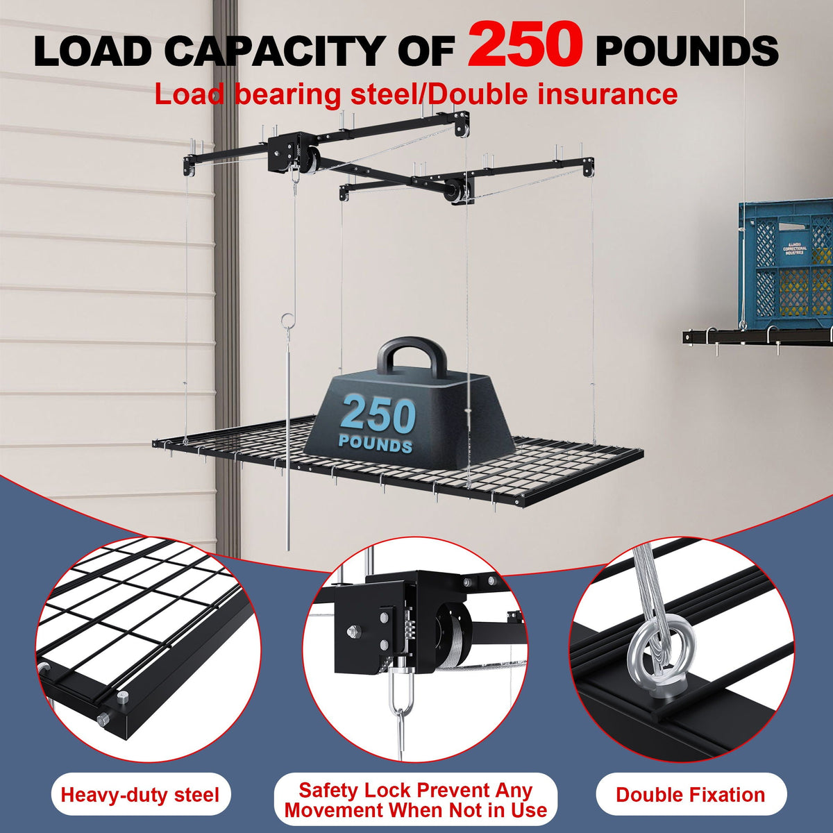 Overhead garage storage rack with crank system in black, ceiling mount pulleys and grid shelf on Tampa Home & Garden Store