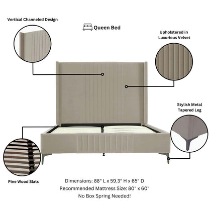 Promenade upholstered bed with beige velvet headboard, pine slats, tapered metal legs on Tampa Home & Garden Store