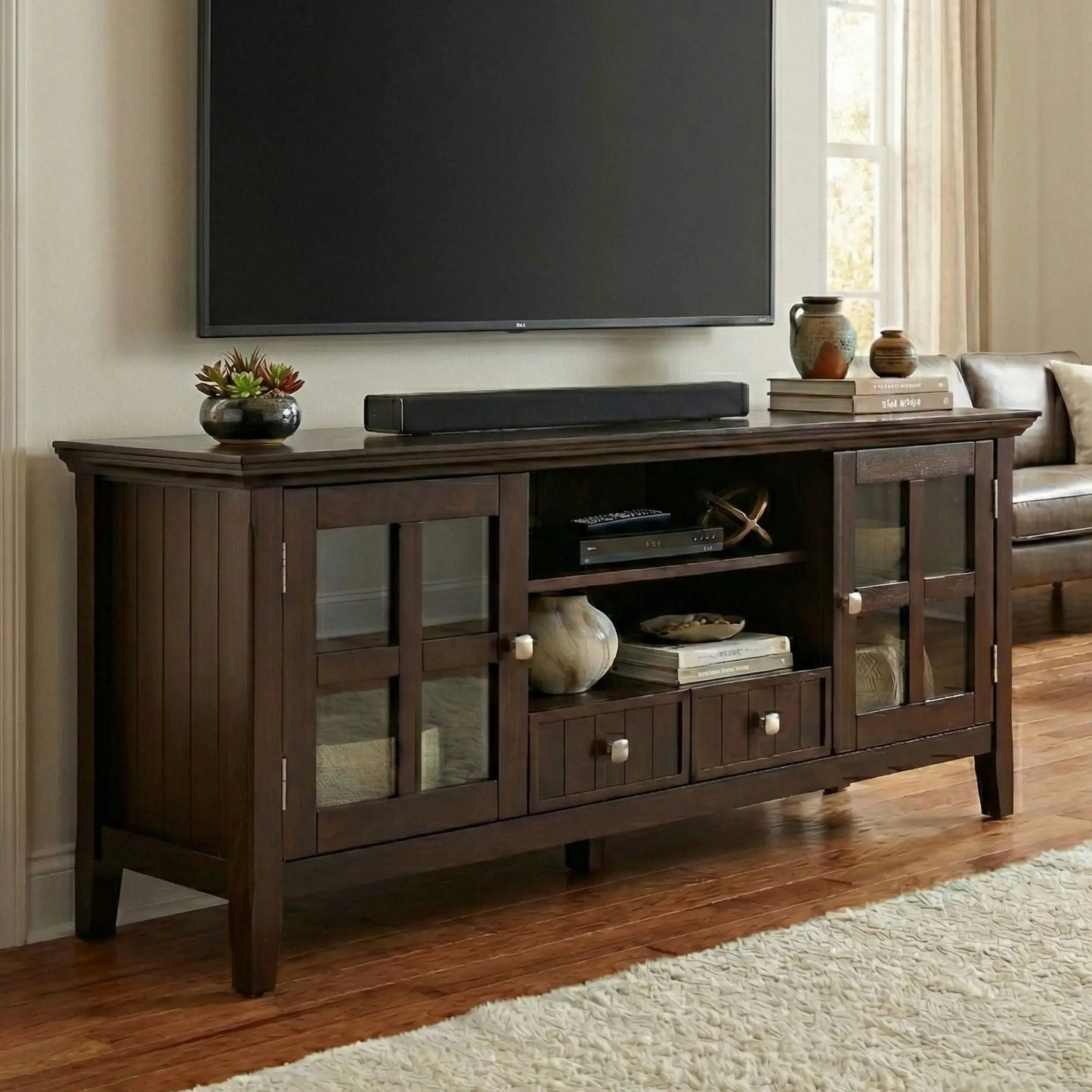 Acadian Media Stand with Glass Doors and Drawers