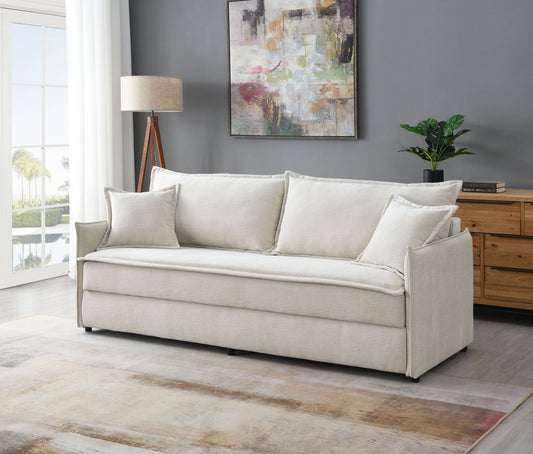 Elisea Sleeper Sectional Sofa Beige fabric with 2 toss pillows in a modern living room on Tampa Home & Garden Store
