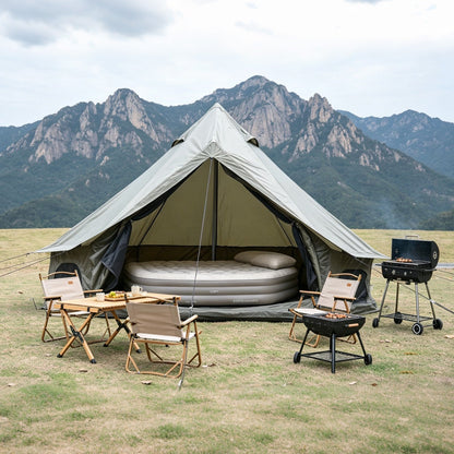GemGear Oxford Bell Tent 13.1ft with stove jack, round bed inside, dining set near grills on Tampa Home & Garden Store