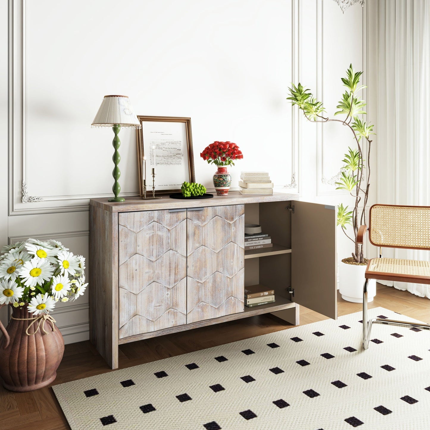 Accent cabinet farmhouse 4-door sideboard with weathered wood and hex panel doors on Tampa Home & Garden Store