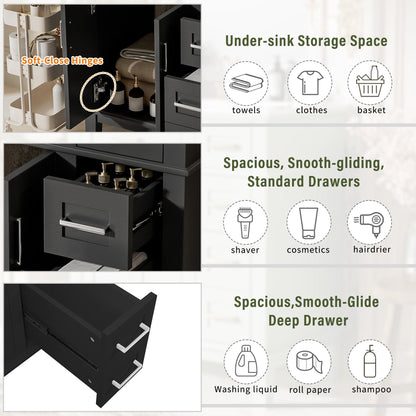 Modern dark bathroom vanity with sink under-sink storage soft-close doors deep drawers on Tampa Home & Garden Store