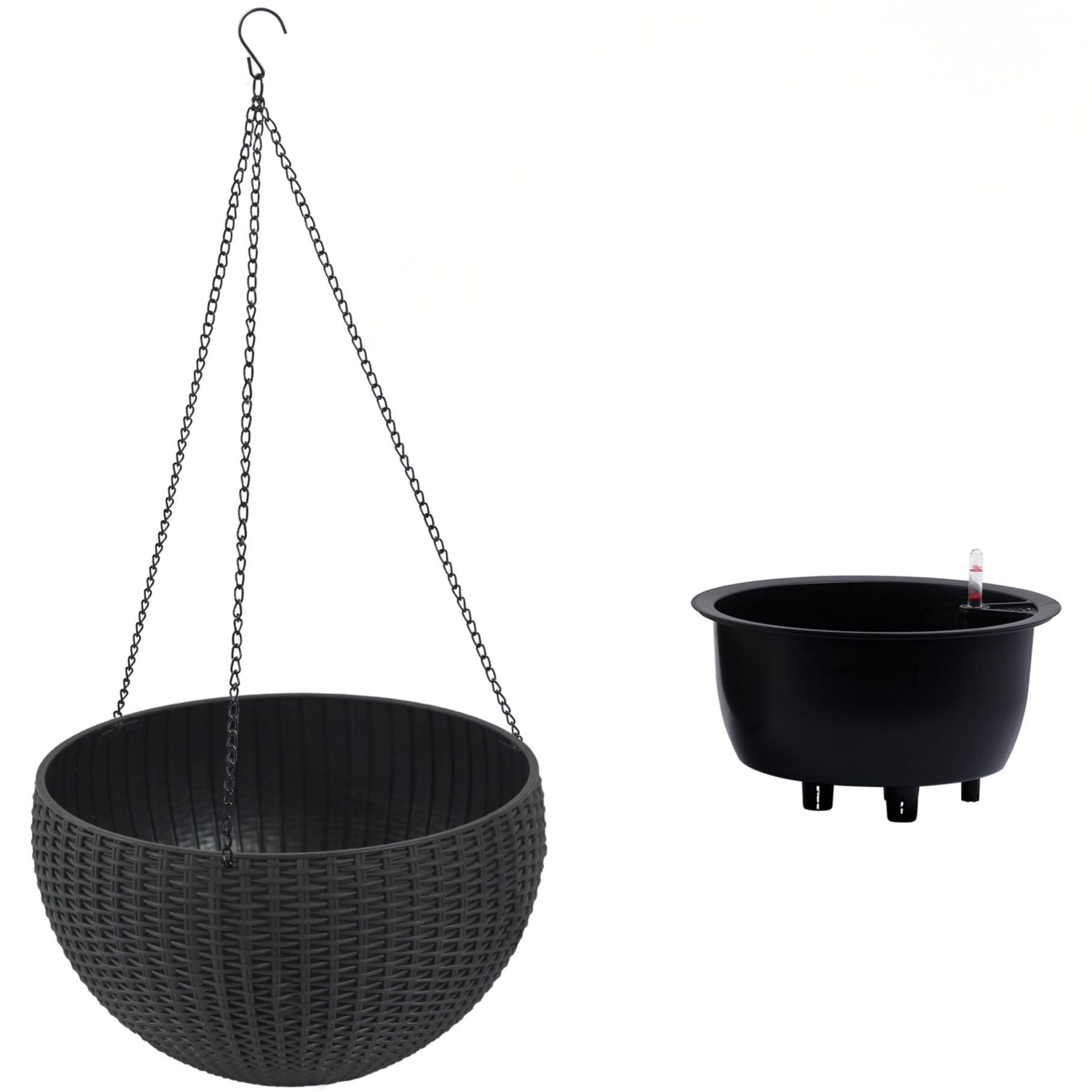 Self Watering Hanging Planter set of 2 by HouseOfZazla: black planter with water indicator on Tampa Home & Garden Store