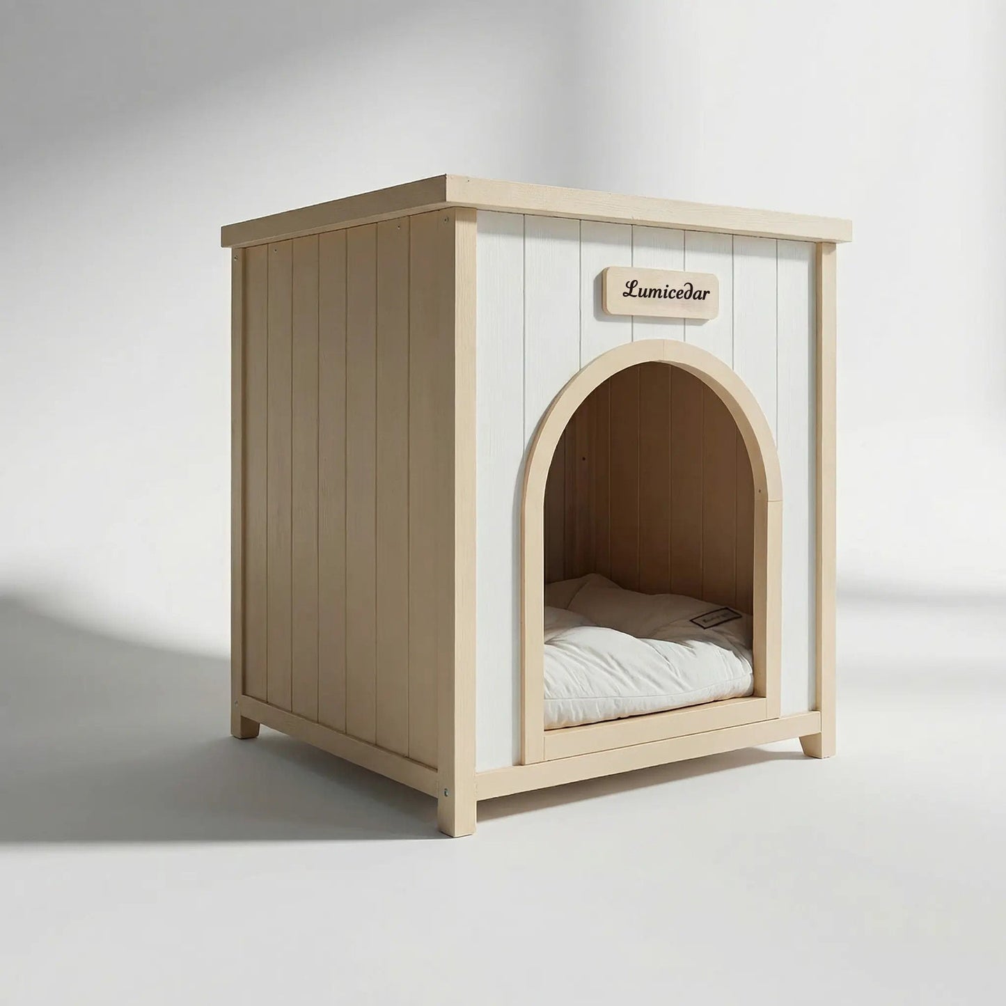 Indoor Dog House with cushion in cream white and light yellow, arched door Lumicedar on Tampa Home & Garden Store