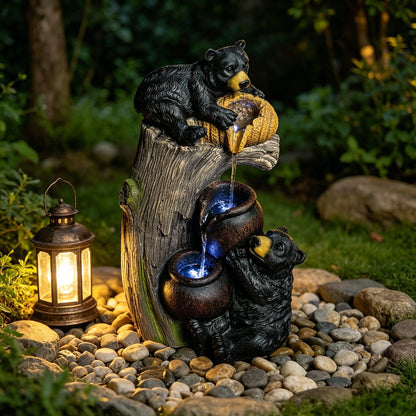 Bear Tree Stump Outdoor Water Fountain With LED