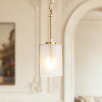 Adjustable cylindrical pendant light in brass with frosted white shade by Unique Piece Furniture on Tampa Home & Garden Store