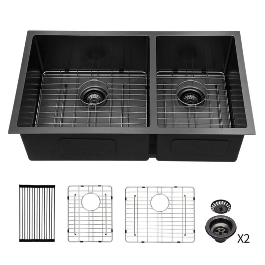 Modern double bowl undermount kitchen sink by HouseOfZazla, stainless 50/50 with rack on Tampa Home & Garden Store