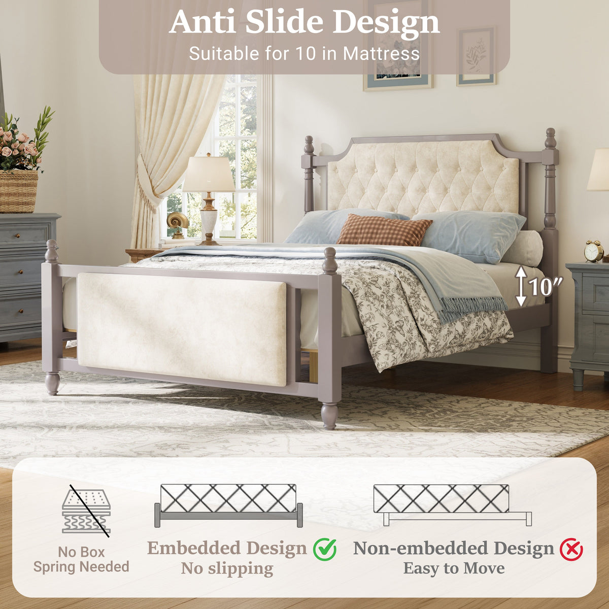 Queen Size Upholstered Bed with Button Tufted Headboard in beige fabric, grey frame HouseOfZazla on Tampa Home & Garden Store