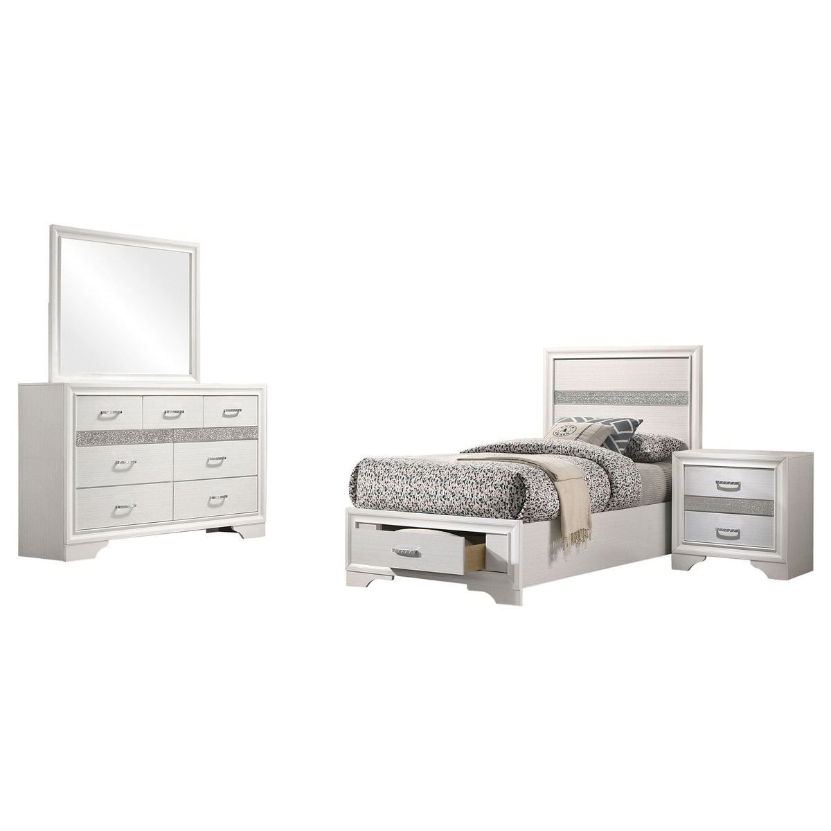 Annie 4 Piece Bedroom Set HouseOfZazla in white; bed, tall dresser, dresser, nightstand on Tampa Home & Garden Store