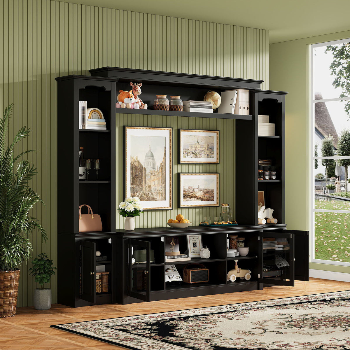 All-In-One TV Stand with Bookcase in black by HouseOfZazla for 65in TVs shelves and cabinets on Tampa Home & Garden Store