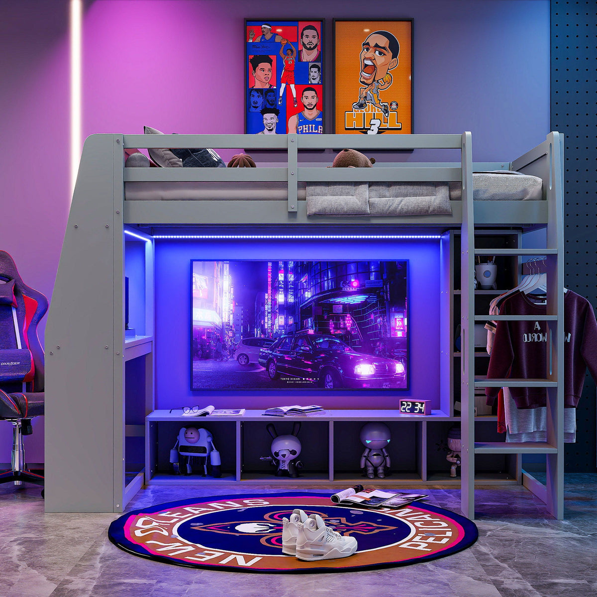 Gaming loft bed with desk by HouseOfZazla; blue LED lighting, storage shelves, clothes rack on Tampa Home & Garden Store